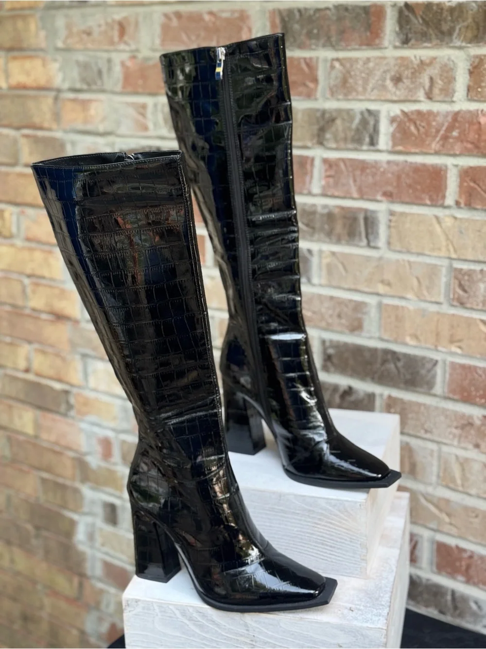 Princess Polly Black Croc-Embossed Over-the-Knee Block Heel Boots